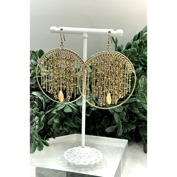 Gold Boho Dangle Hoop Earrings With Chain and Bead Fringe - Picture 5 of 5